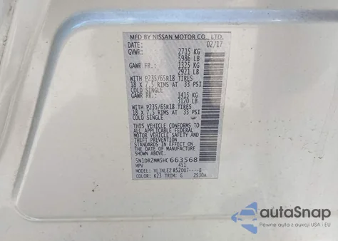 2017 Nissan Pathfinder Sv z USA, uszkodzony, nr VIN 5N1DR2MM5HC663568